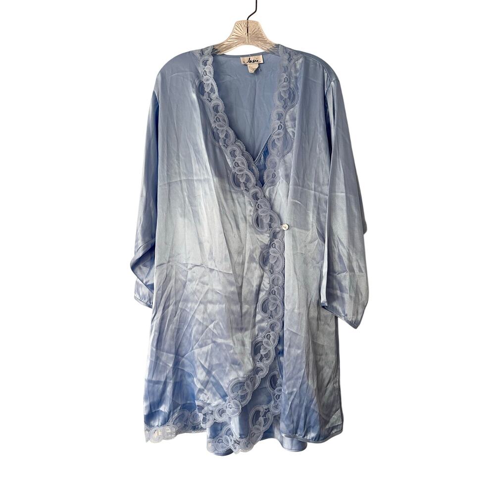 Josie NWT Blue Satin Short Length Lace Trim Faux Wrap Gown Robe Set Large Vtg